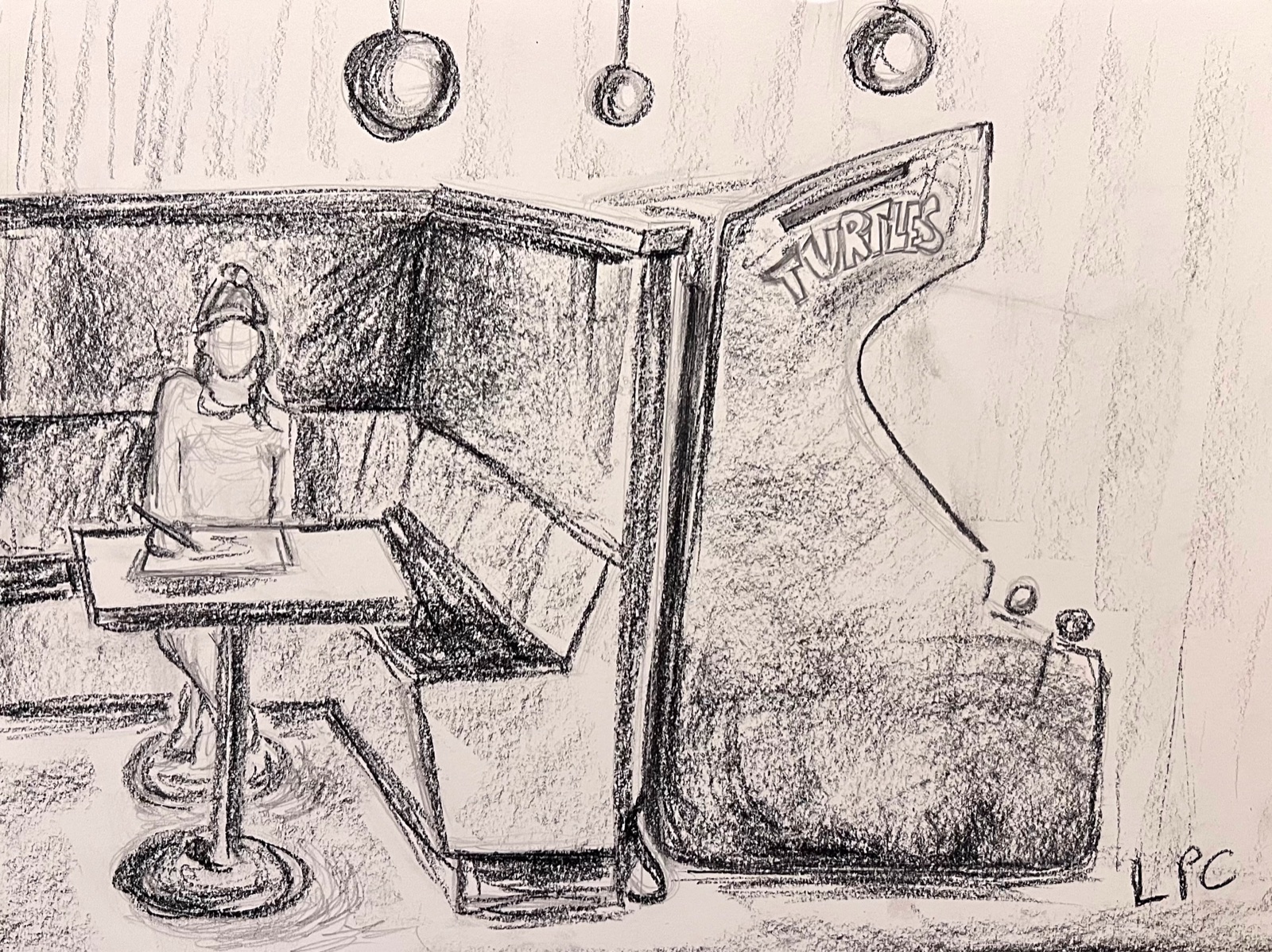 Pencil drawing of a person working at a diner booth beside a pinball machine