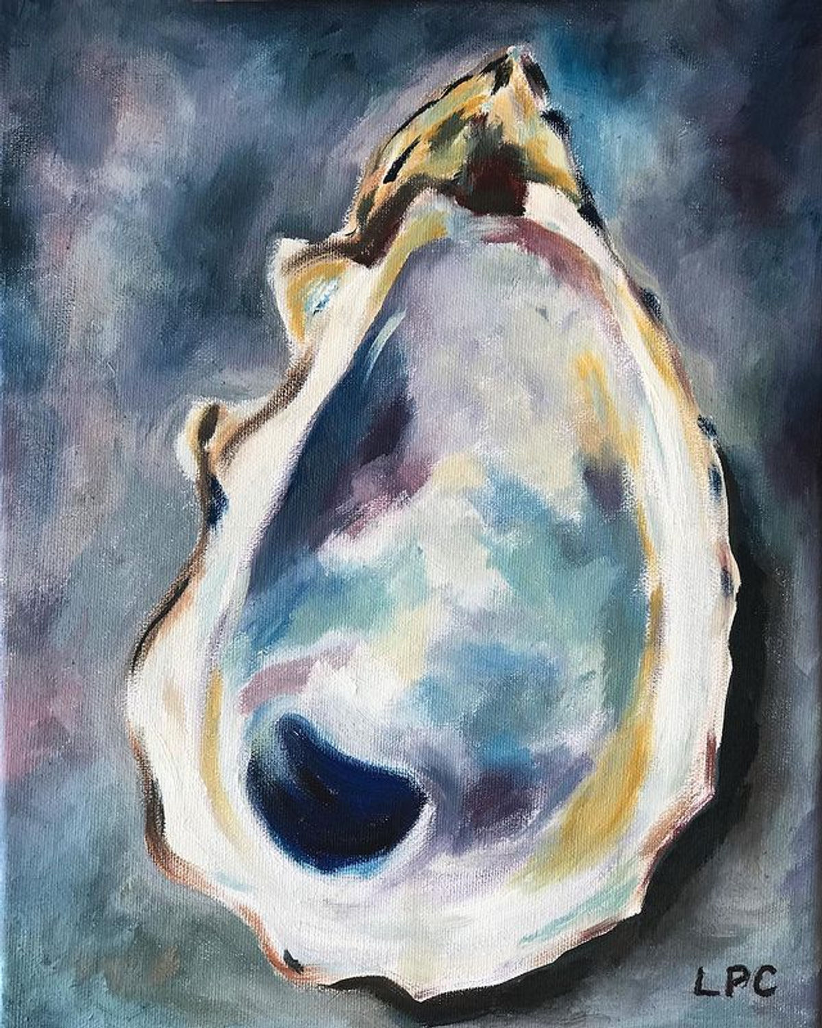 Oil painting of an oyster shell on a blue-gray background
