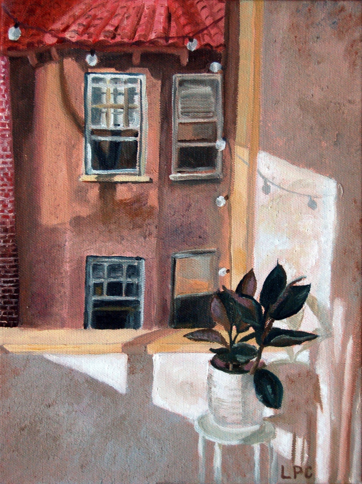 Oil painting of a rubber plant on a sunlit windowsill, looking out at a brick building
