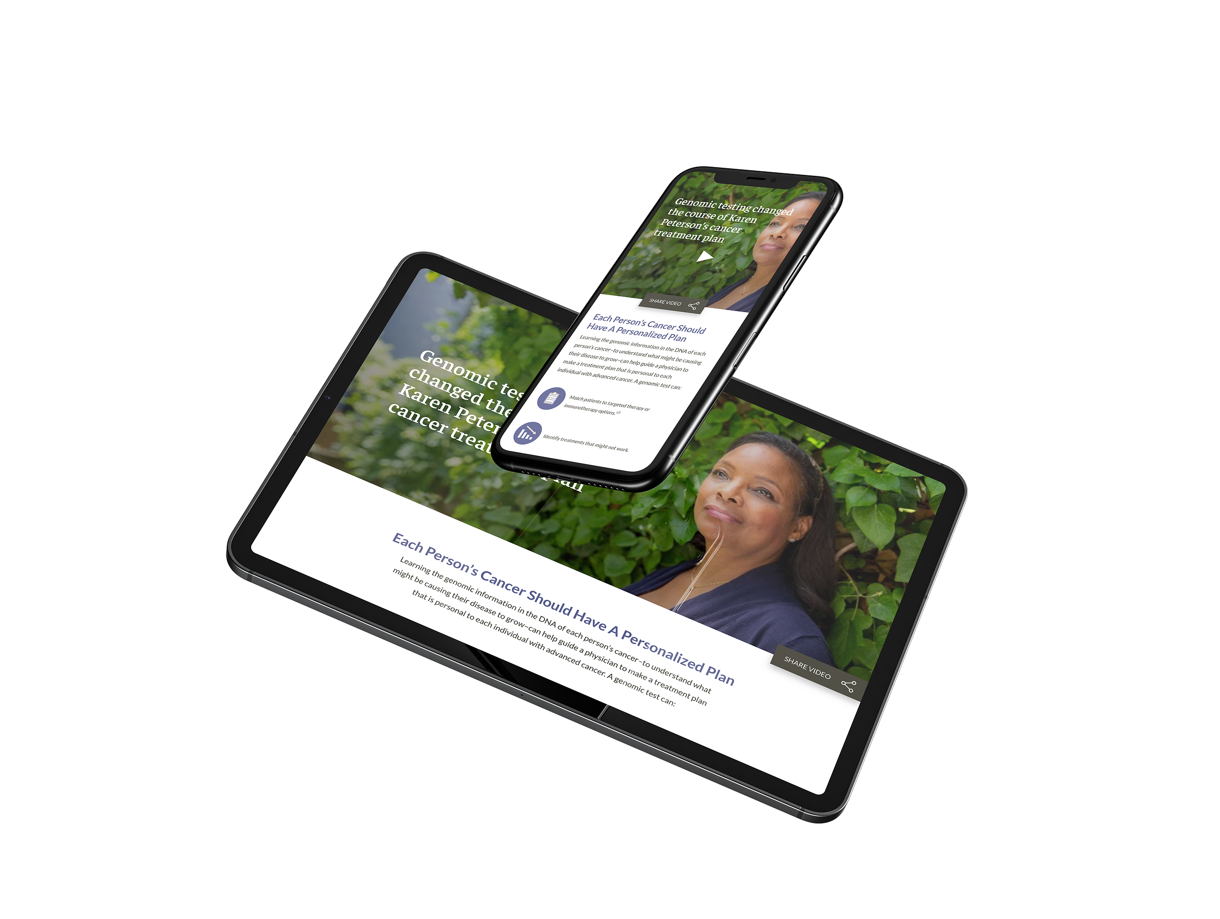Karen Peterson's cancer survivor story page on an iPad and iPhone