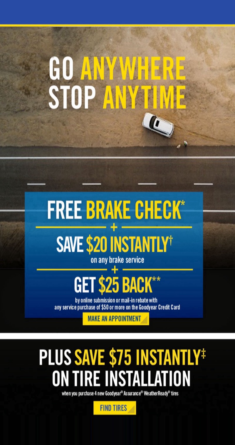 Goodyear email: Go anywhere, stop anytime, free brake check