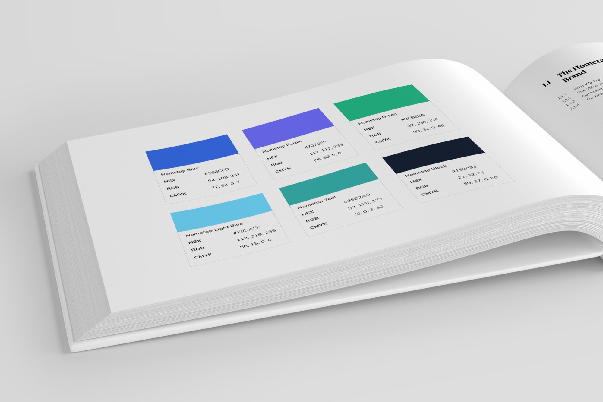 Open Hometap Brand Guidelines book showing the six-color brand palette