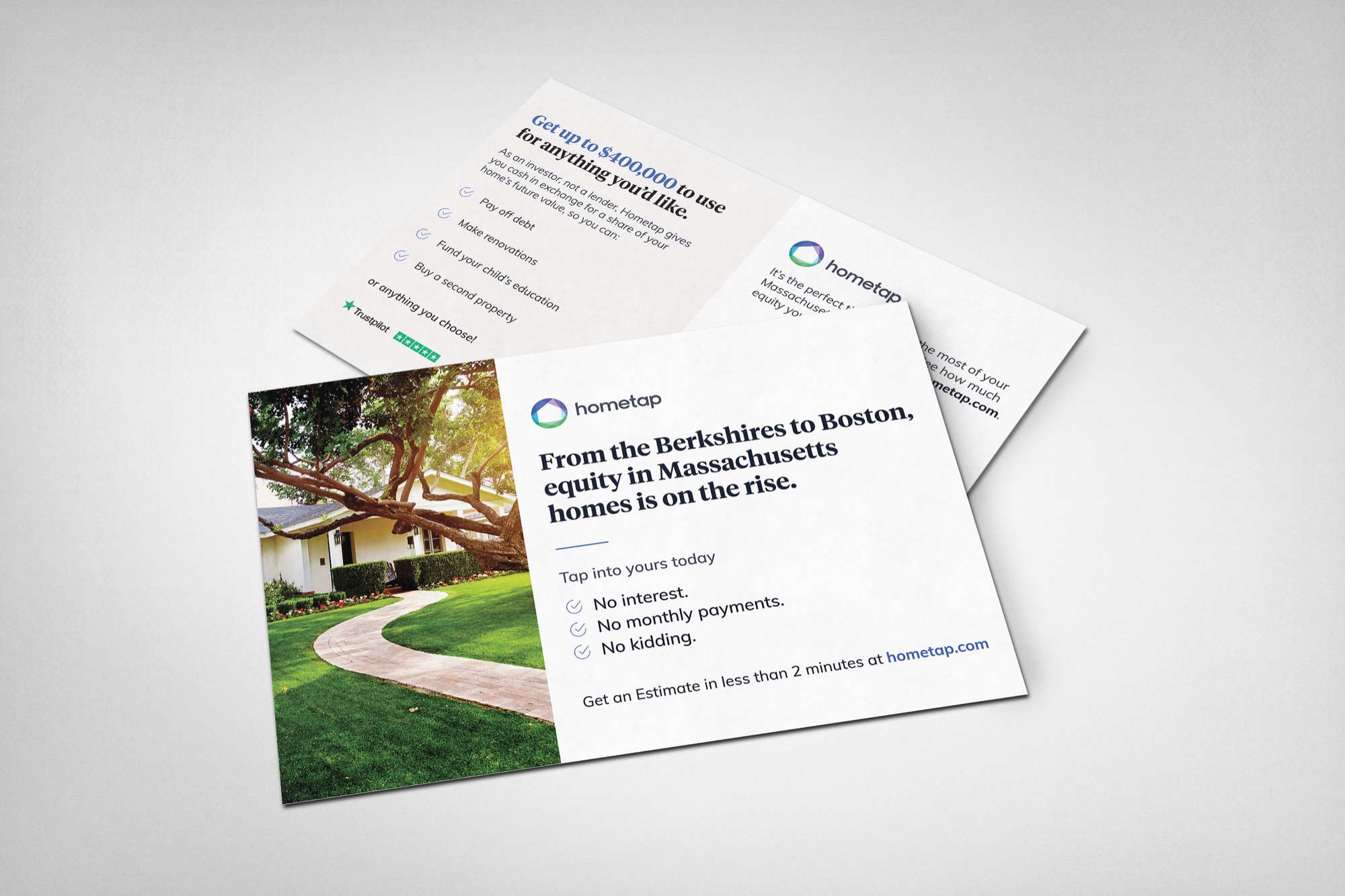 Hometap Massachusetts direct mail postcard, front and back