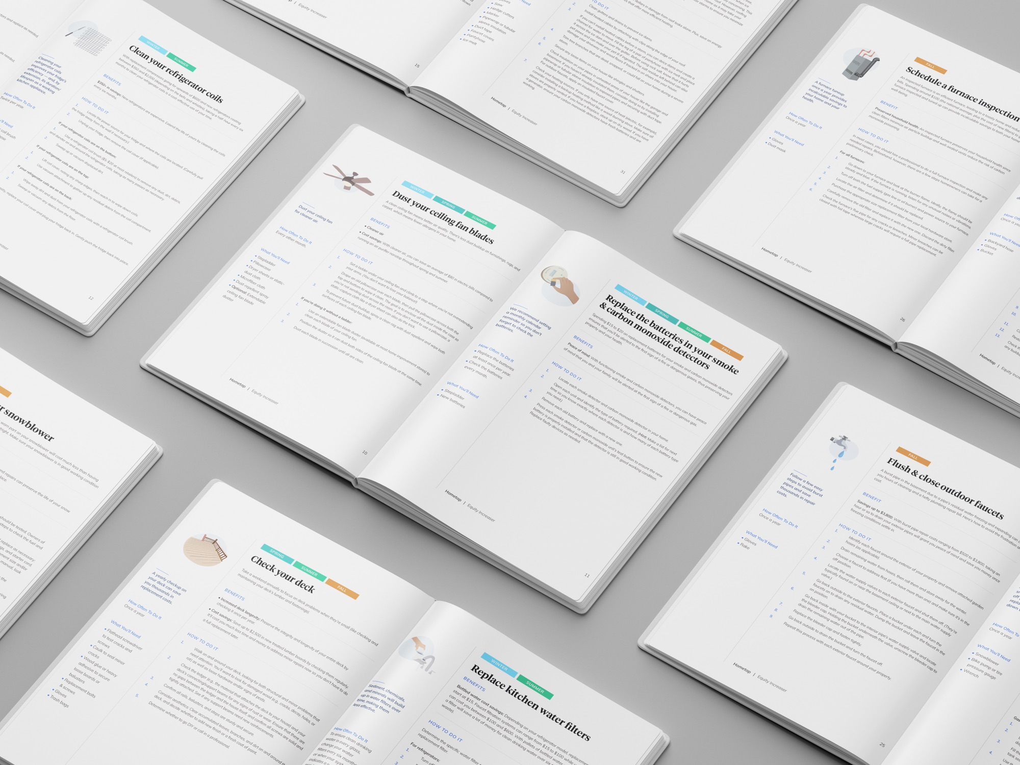 Open Equity Increaser guides showing illustrated home maintenance how-to pages