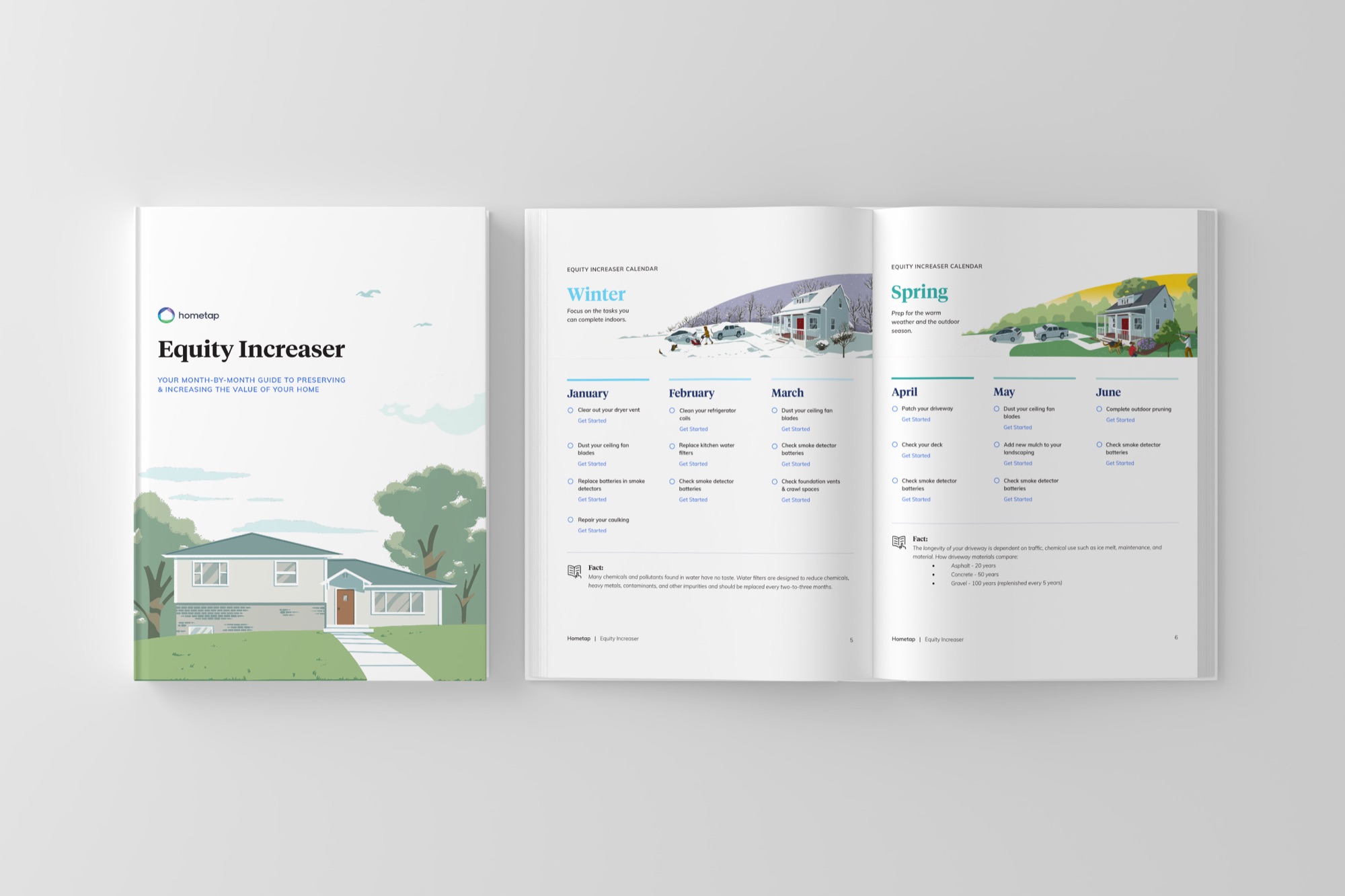 Hometap Equity Increaser guide: cover and an open spread with a month-by-month home maintenance calendar