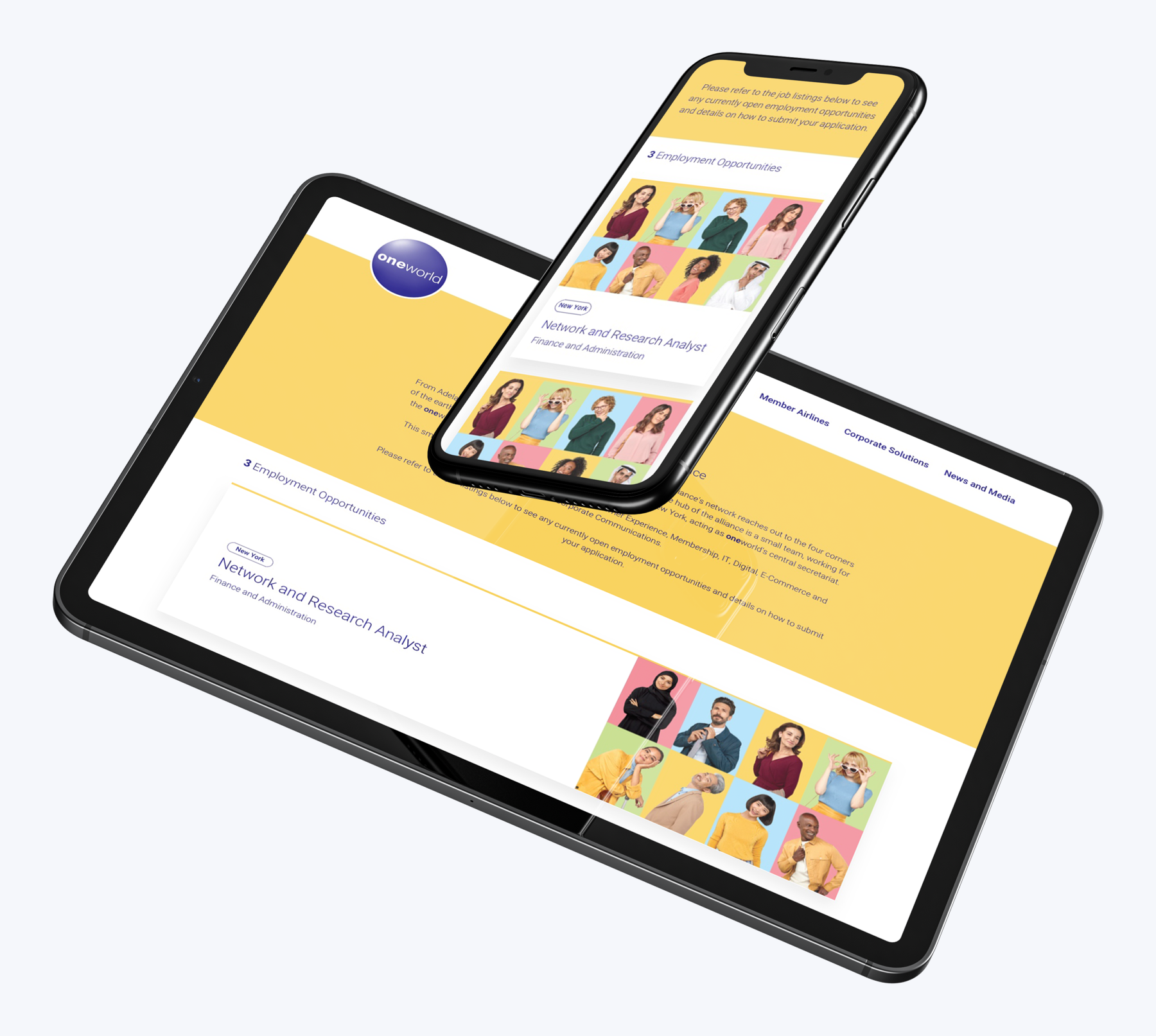 oneworld careers page on an iPad and iPhone, with employment opportunities and colorful staff portraits