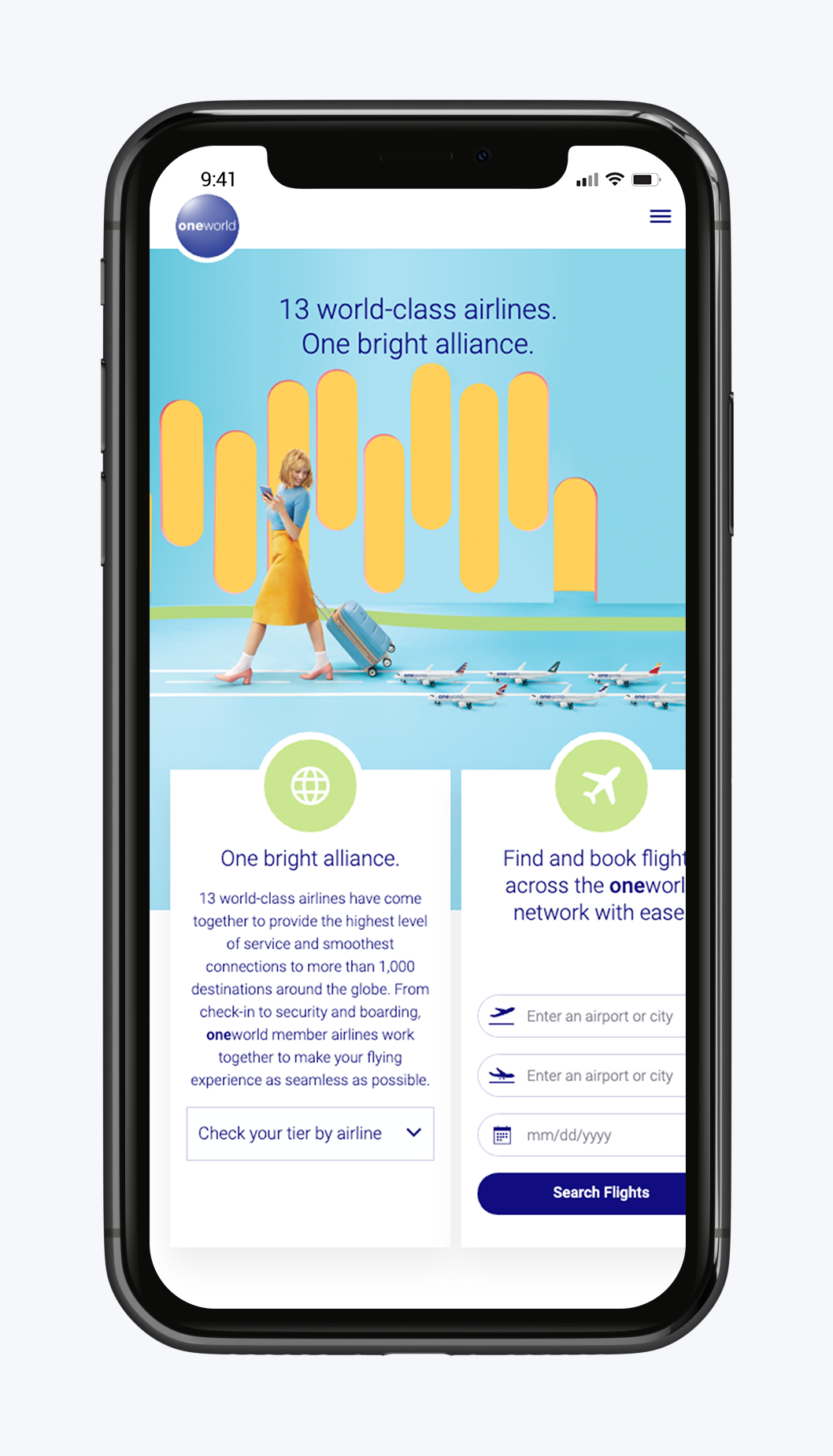 oneworld homepage on an iPhone: 13 world-class airlines, one bright alliance